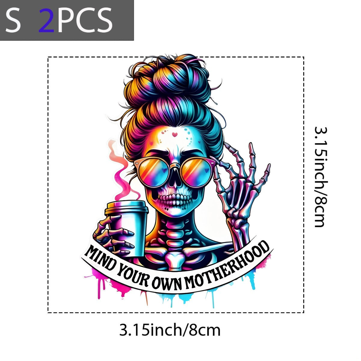 DTF Heat Transfer Iron On Sticker Skull Mom with Coffee and Sunglasses for Halloween Decor T Shirts Bags and Home Decoration - 8