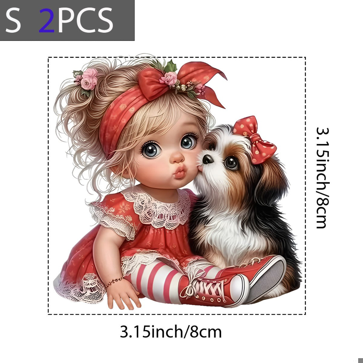DTF Heat Transfer Iron On Sticker Cute Baby Girl with Puppy Red Dress and Headband for Apparel Bags and Nursery Decor - 8