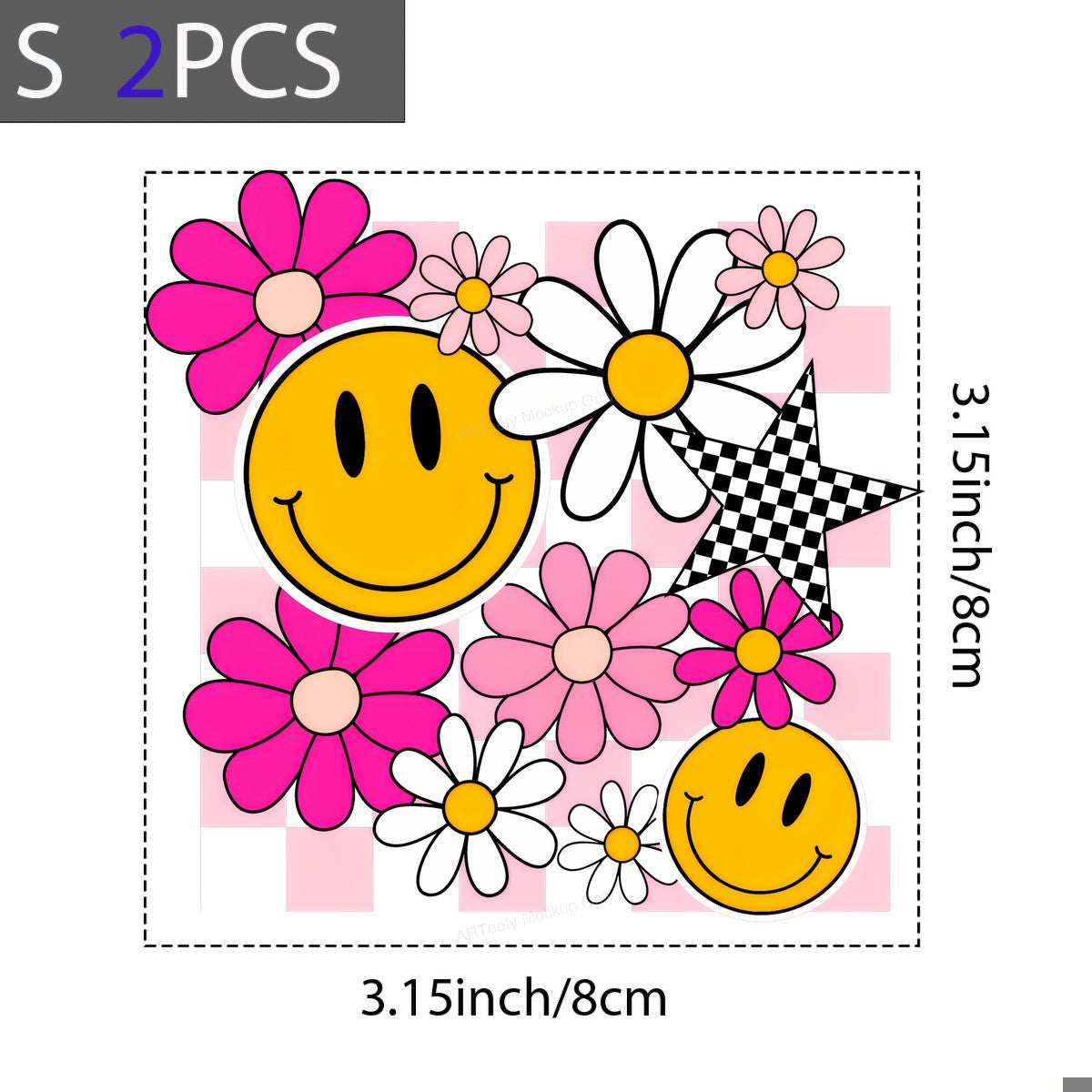 DTF Heat Transfer Iron On Sticker DTF Transfers Ready to Press Smiley Face with Checkered Star and Pink Flowers for T Shirts Hoodies Local Warehouse - 8