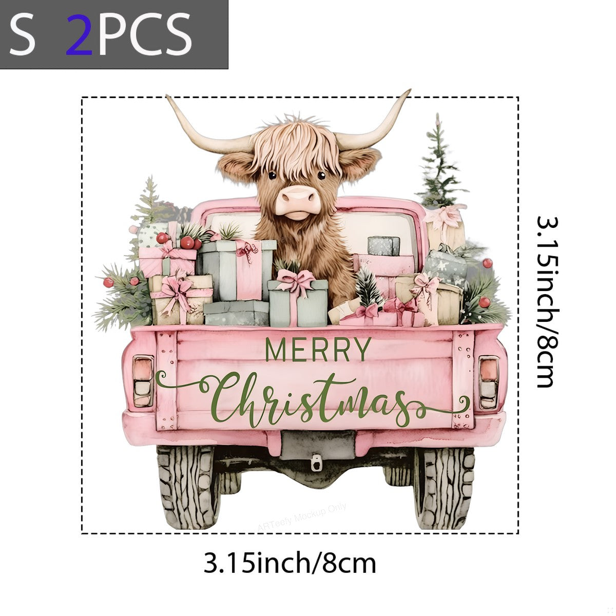 DTF Heat Transfer Iron On Sticker Heat Transfer Designs Ready to Press Christmas Highland Cow with Presents in Pink Truck for Holiday Apparel Local Warehouse - 8