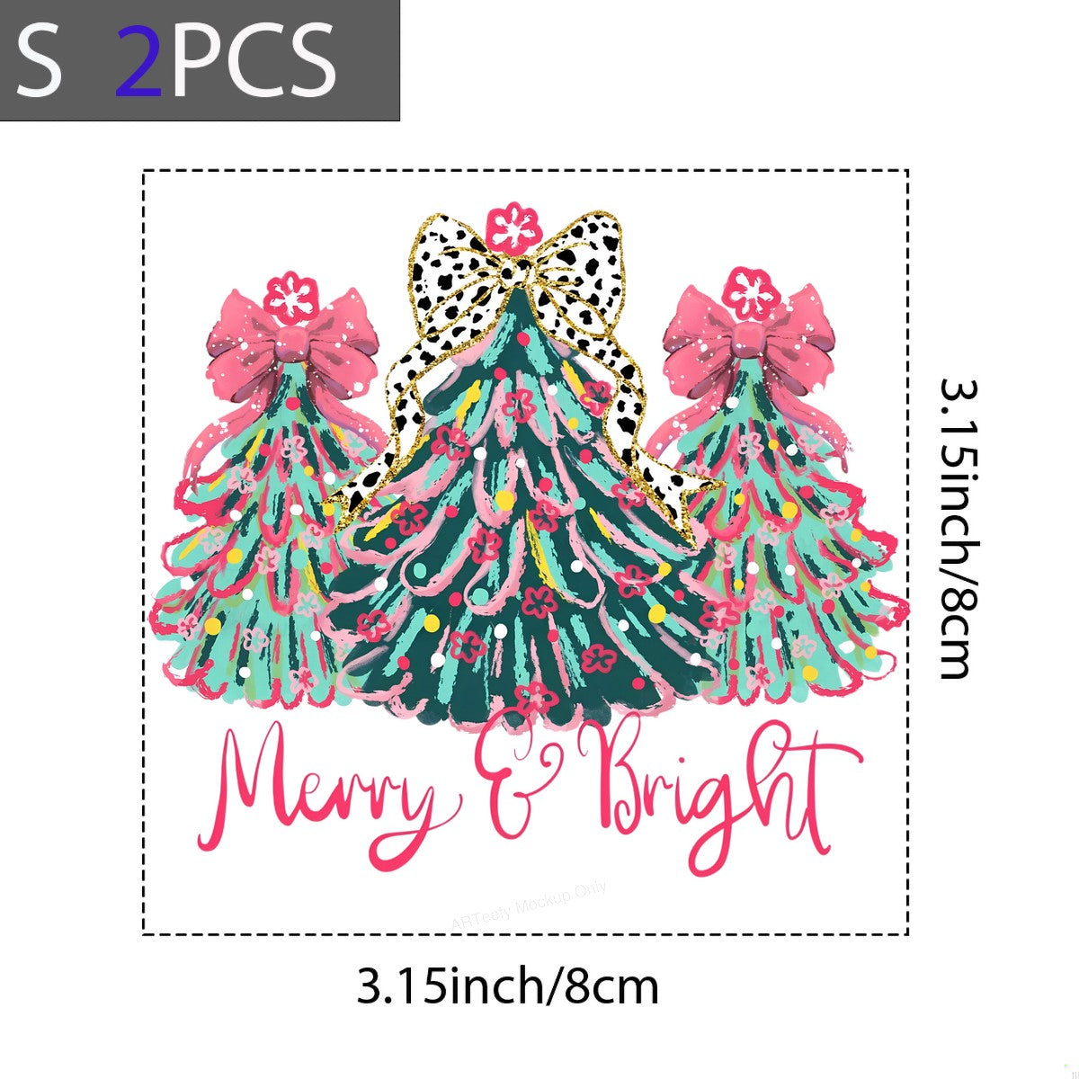 DTF Heat Transfer Iron On Sticker Iron On Transfers for T Shirts Merry Bright Christmas Tree Design with Pink Bows for Holiday Apparel Gifts Local Warehouse - 8