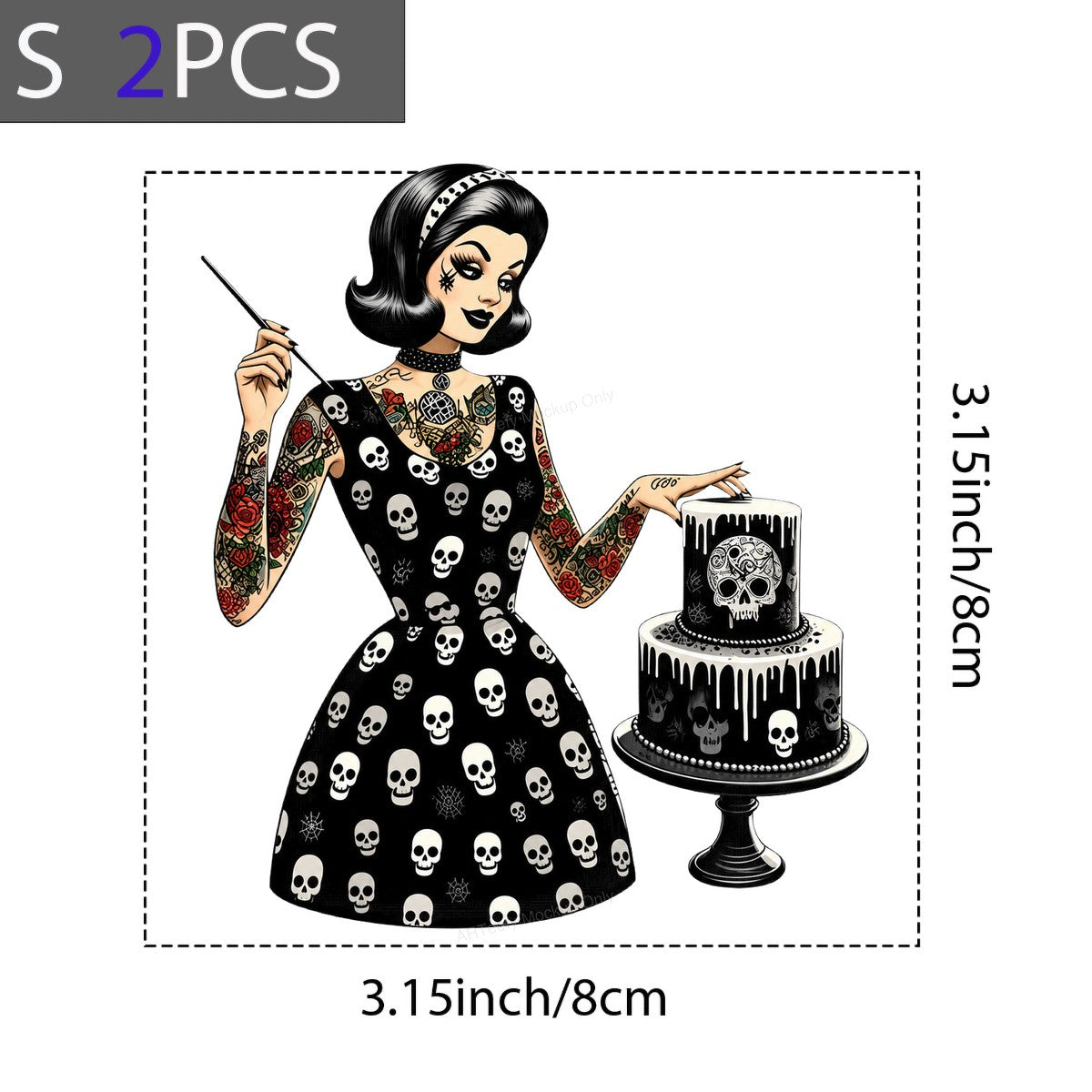 DTF Heat Transfer Retro Tattooed Baker with Skull Dress and Cake Graphic for T Shirts Hoodies and Aprons - 8