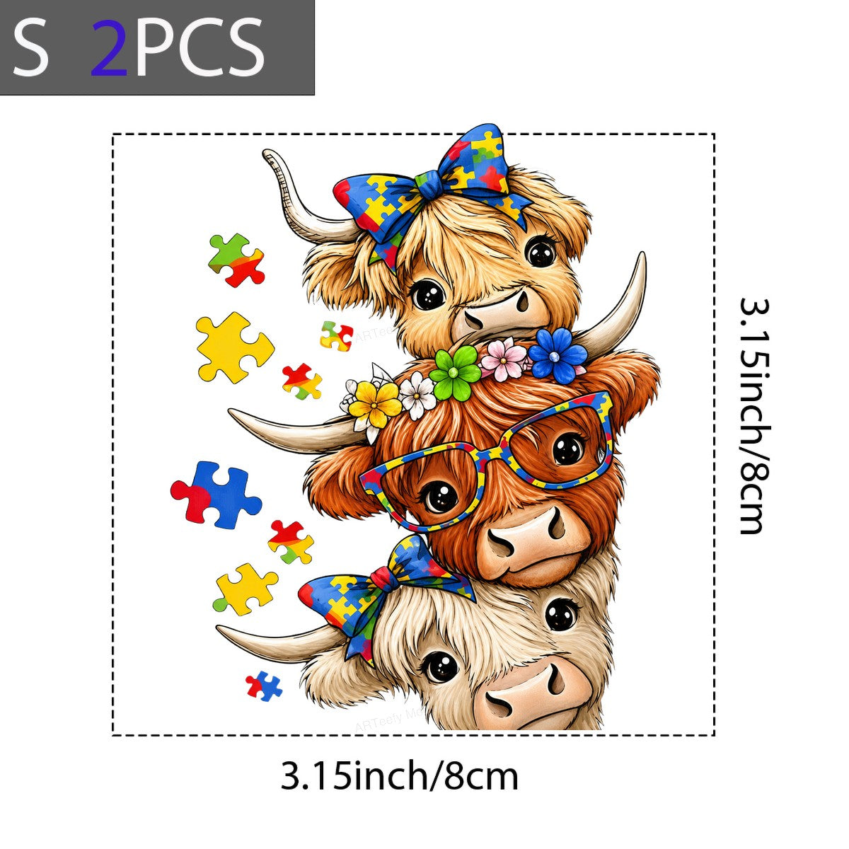 DTF Transfer Cute Highland Cows with Puzzle Piece Bows and Glasses Graphic for T Shirts Hoodies and Tote Bags - 8