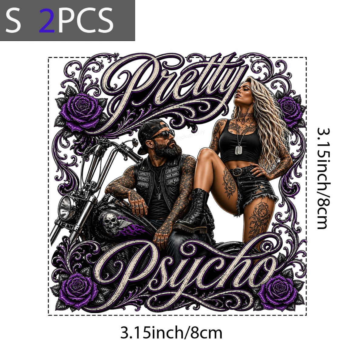 DTF Transfer Pretty Psycho Biker Couple with Purple Rose Tattoo Art for T Shirts Hoodies and Biker Apparel - 8