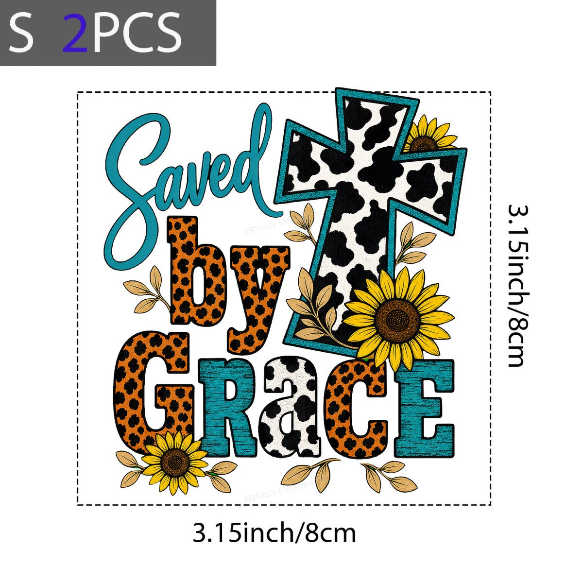 Christian Heat Transfer Saved By Grace Cow Print Cross with Leopard Sunflowers for T Shirts Hoodies and Tote Bags - 8