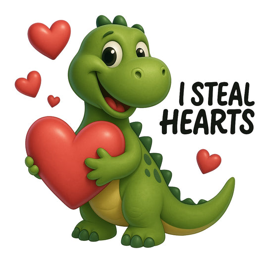 Cute Dinosaur Heat Transfer Patch ,  Steal Hearts Iron-On Decal for T-Shirts, Bags, Funny Valentine DIY Design