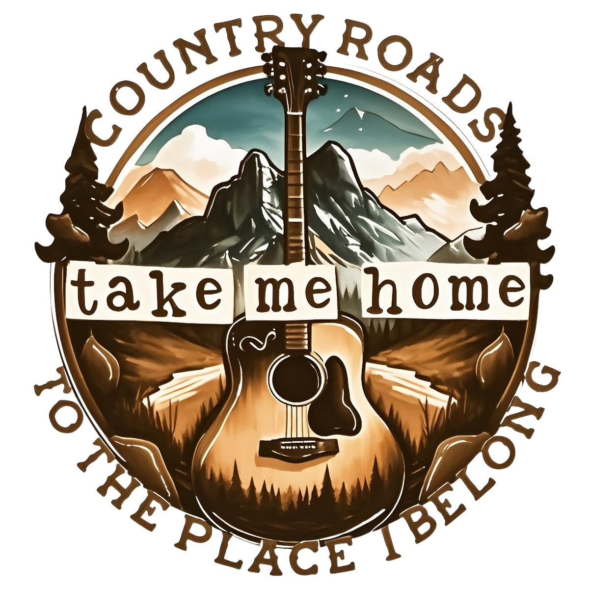 Country Roads Iron On Transfer , Retro Guitar Mountain Design for T-Shirts, Vintage Country Music Heat Press Patch for DIY Clothing, Western Aesthetic Shirt Decal