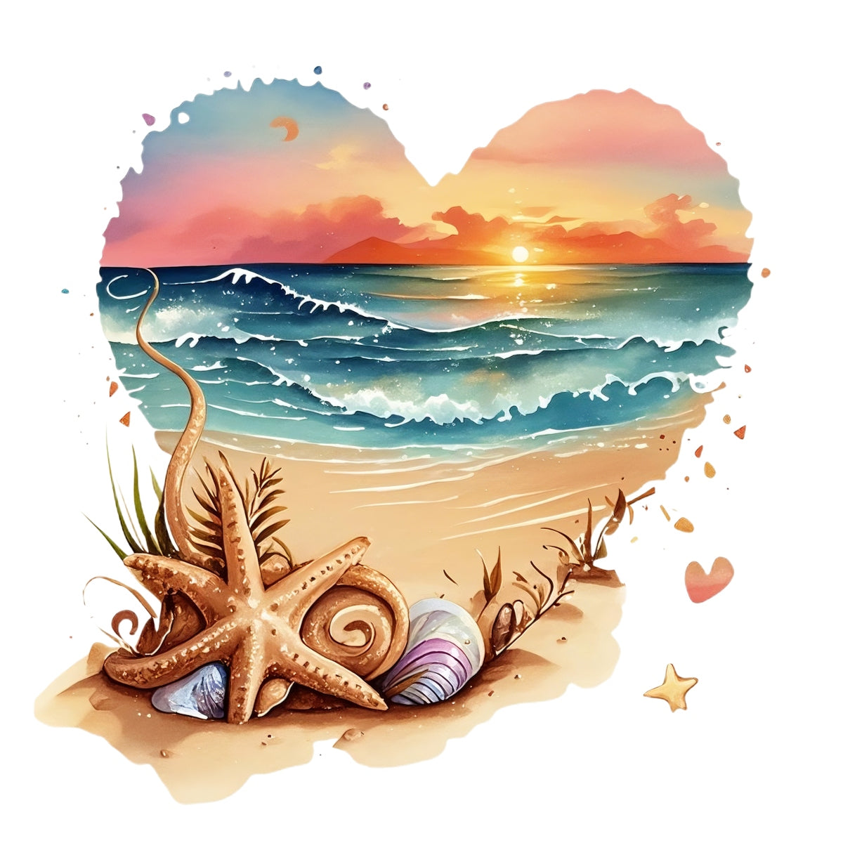 Sunset Beach Heart DTF Transfer,Cute Ocean Summer Iron On Patch for T-Shirts, Tote Bags, DIY Heat Press Decals, Aesthetic Watercolor Surf Art, Pastel Coastal Vinyl Design