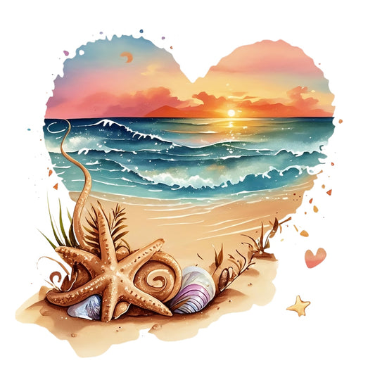 Sunset Beach Heart DTF Transfer,Cute Ocean Summer Iron On Patch for T-Shirts, Tote Bags, DIY Heat Press Decals, Aesthetic Watercolor Surf Art, Pastel Coastal Vinyl Design