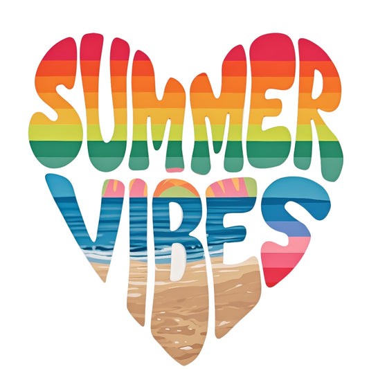 Summer Vibes DTF Iron-On Transfer ,  Rainbow Gradient Heart Design with Beach Scene ,  'SUMMER VIBES' Text Sticker for T-Shirts, Hoodies, Tote Bags