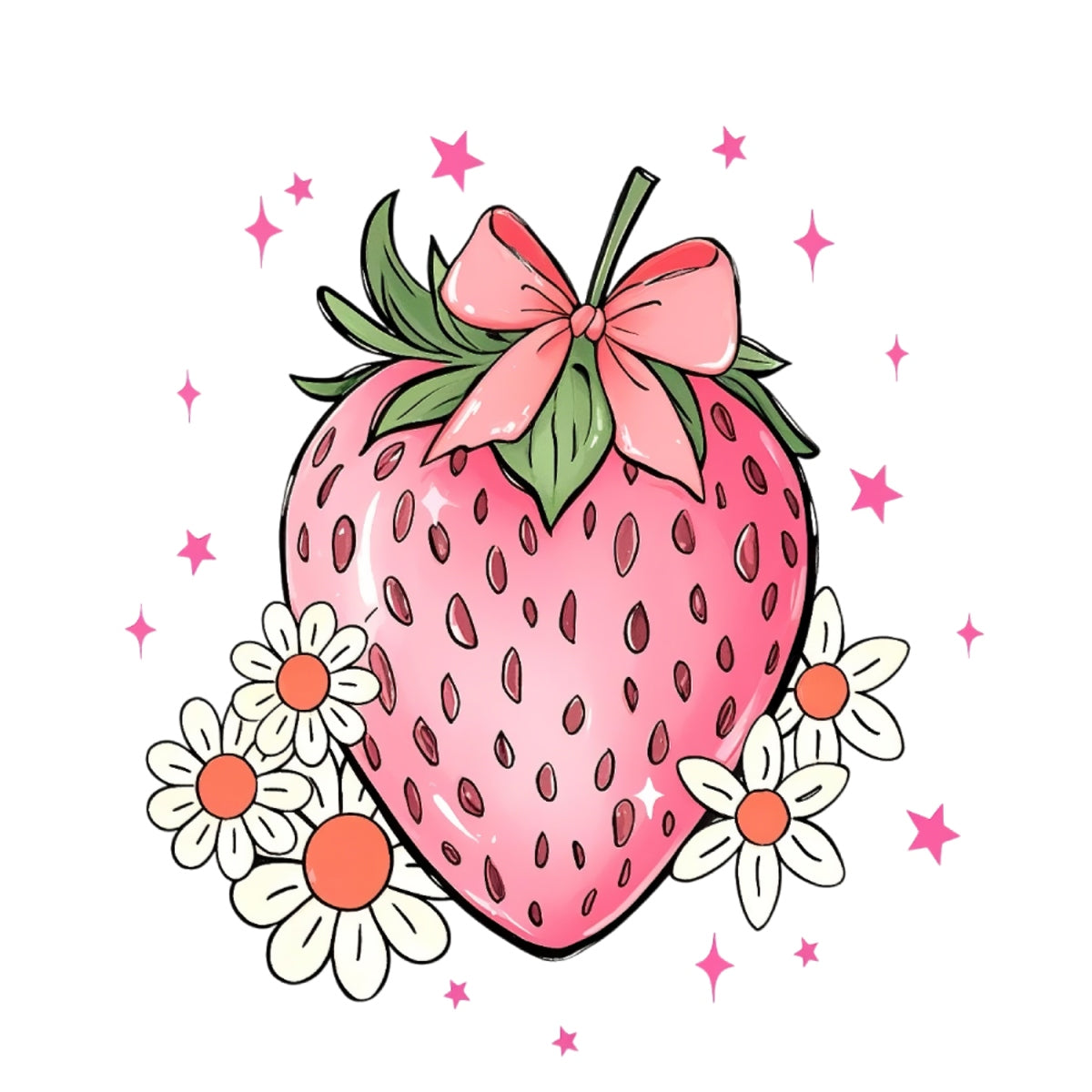 DTF Heat Transfer Iron On Sticker , Heart-Shaped Strawberry with Bow and Daisies,   Feminine Home Decor and Clothing Accent Sticker for T-Shirts, Hoodies, Aprons