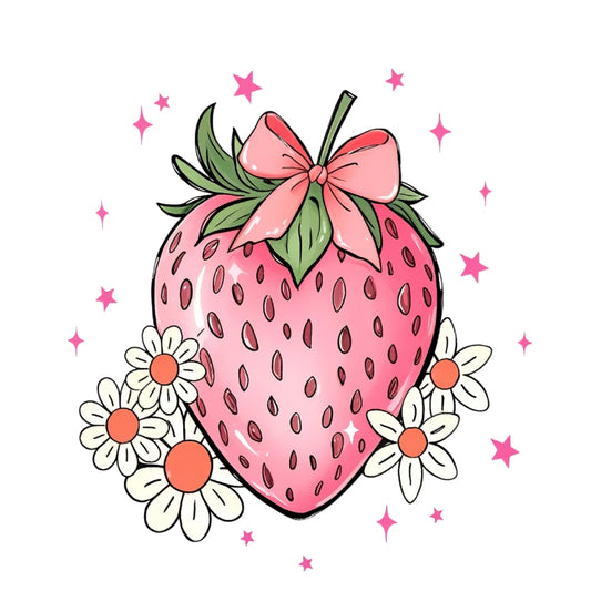DTF Heat Transfer Iron On Sticker , Heart-Shaped Strawberry with Bow and Daisies,   Feminine Home Decor and Clothing Accent Sticker for T-Shirts, Hoodies, Aprons