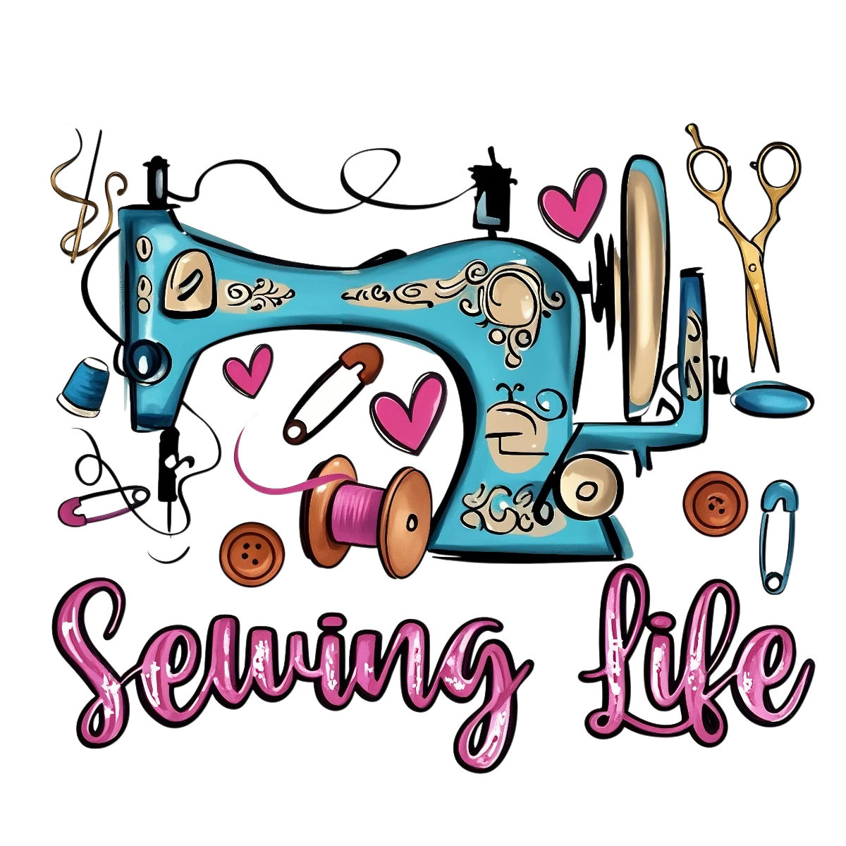 Vintage Sewing Machine DTF Transfer Decal, DIY Craft Embroidery Sticker, Pink Blue Heart Button Design for Apparel, Tote Bags, Wall Art, Easy to Apply Vintage Craft Supplies, Sewing Life Art Sticker
