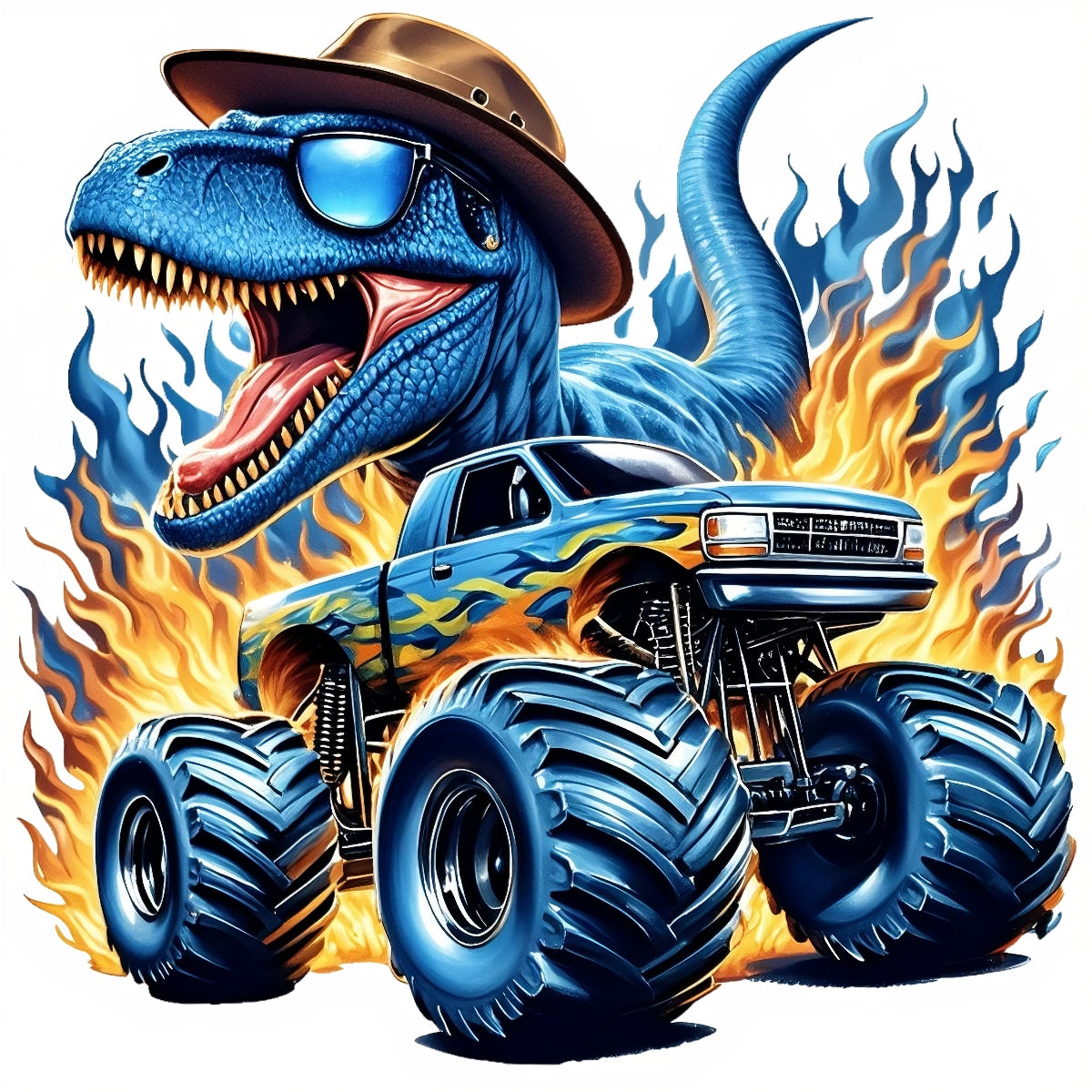 Blue Dinosaur Monster Truck DTF Iron-On Sticker , 'Roaring Flames Adventure' Design,Automotive Decal for T-Shirts, Hoodies
