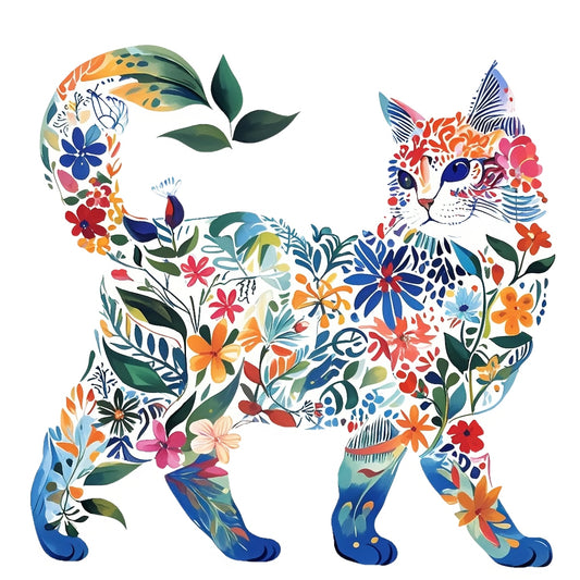 Floral Cat DTF Iron-On Transfer Decal , Vibrant Watercolor Cat Art Sticker , DIY Craft Supply for Apparel & Home Decor Eye, Catching Floral Silhouette Decal with Bold Orange Pink Blue Colors, Easy to Apply Watercolor Sticker