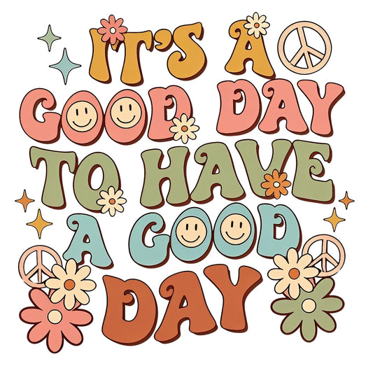 DFT Iron-on TransfersGroovy Peace Flower DTF Iron-On Transfer Sticker,'It's a Good Day' Retro Hippie Design,Vibrant Smiley Face & Floral Motif for Apparel, Tote Bags