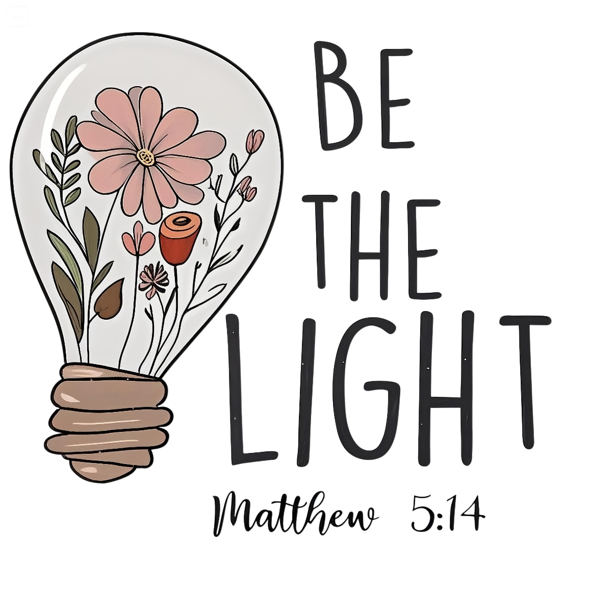 DTF Heat Transfer Iron On Sticker,  Floral Lightbulb Scripture Art with "BE THE LIGHT" & Matthew 5:14,   Decal for Clothing, Tote Bags