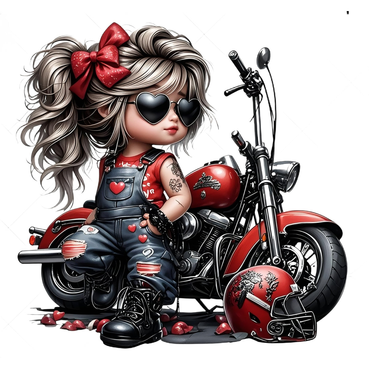 DTF Heat Transfer Iron On Sticker, Cool Biker Style Little Biker with Heart Sunglasses and Red Denim Overalls, Decal for Clothing, Tote Bags