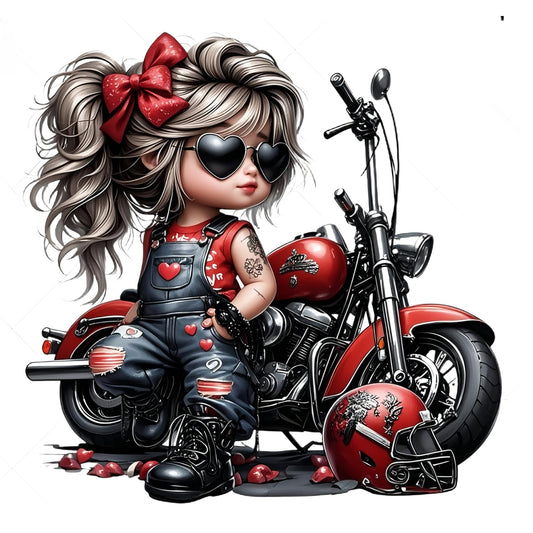 DTF Heat Transfer Iron On Sticker, Cool Biker Style Little Biker with Heart Sunglasses and Red Denim Overalls, Decal for Clothing, Tote Bags
