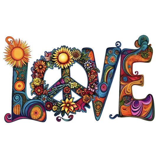 DTF Heat Transfer Iron On Sticker, Colorful Floral Peace-Sign Love Design with Sunflowers & Daisies,  Inspiring Home Textile Decor for T-Shirts, Hoodies, Tote Bags, Vibrant Gradient Art