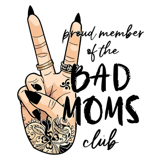 DTF Heat Transfer Iron On Sticker, "Bad Moms Club" Hand Gesture Art with Henna Floral Patterns & Peace Sign,Empowerment Slogan Sticker for Clothing, Tote Bags