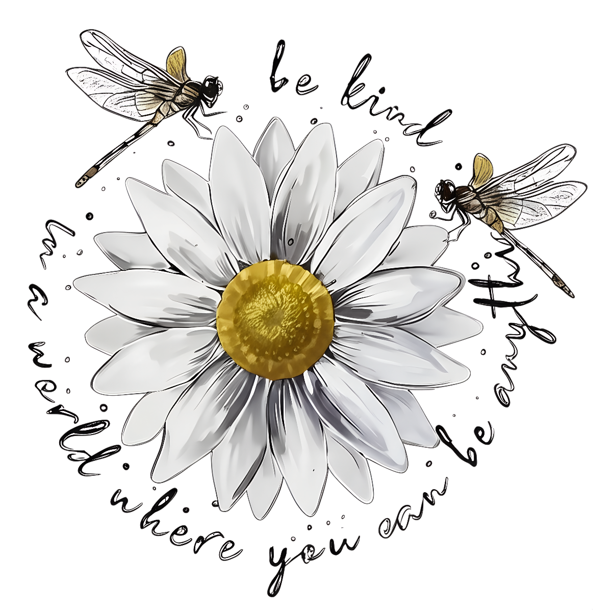 DTF Heat Transfer Iron On Sticker ,  White Daisy with Golden Core and Layered Petals, Dragonflies and "Be Kind" Cursive Text ,  Nature-Inspired Motivational Decal for Clothing, Tote Bags