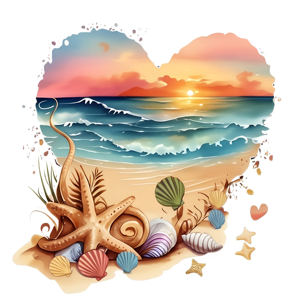 DTF Heat Transfer Iron On Sticker ,  Heart-Shaped Beach Sunset Scene with Seashells and Starfish , Tropical Vacation Merch for Clothing, Tote Bags