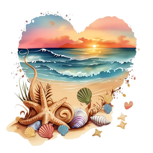 DTF Heat Transfer Iron On Sticker ,  Heart-Shaped Beach Sunset Scene with Seashells and Starfish , Tropical Vacation Merch for Clothing, Tote Bags