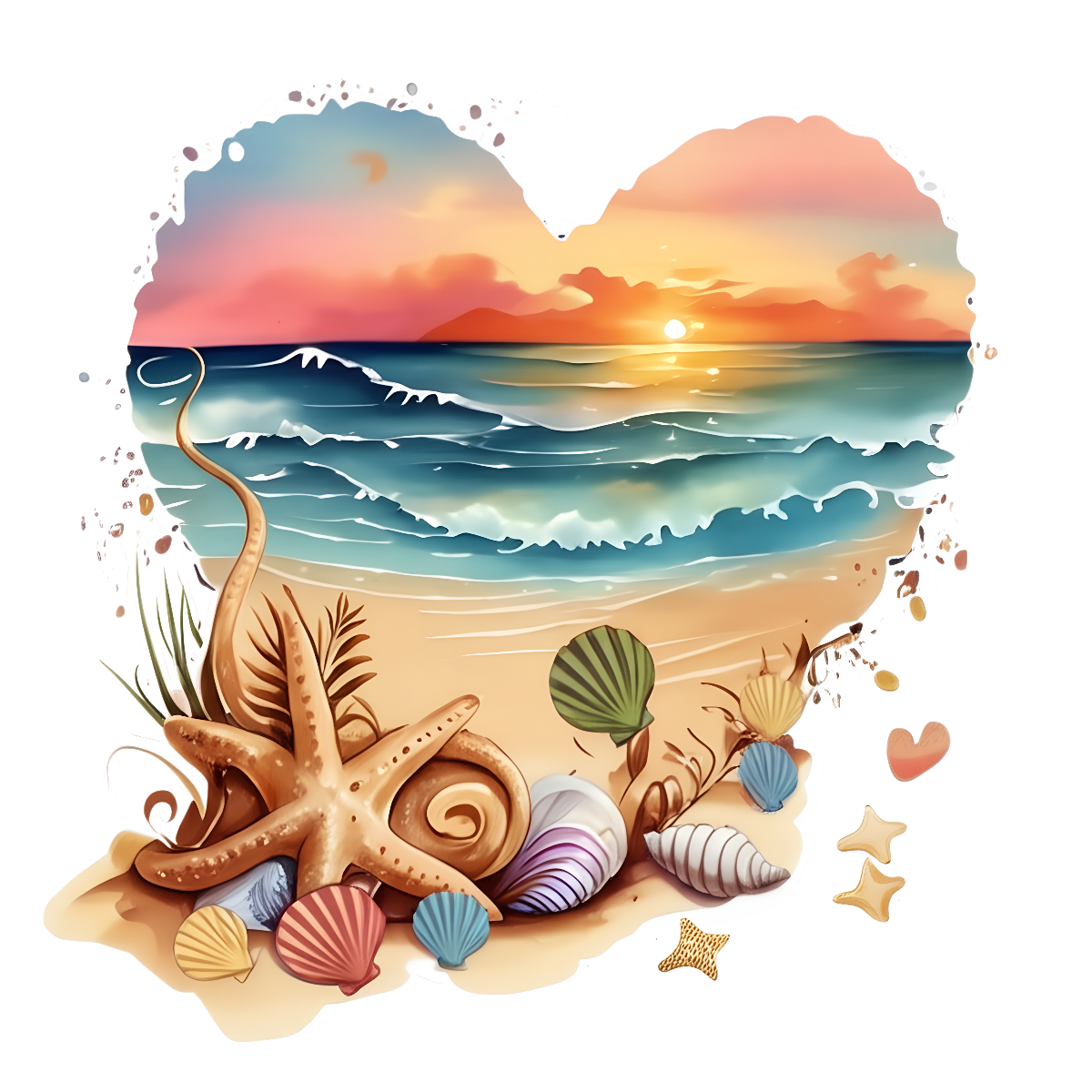 DTF Heat Transfer Iron On Sticker ,  Heart-Shaped Beach Sunset Scene with Seashells and Starfish , Tropical Vacation Merch for Clothing, Tote Bags