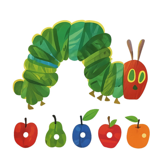 DTF Heat Transfer Iron On Sticker, Iconic Hungry Caterpillar & Fruit Graphic, for Retro Storybook Fashion & Literary Gifts