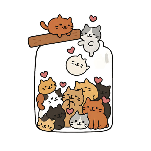 DTF Heat Transfer sticker: "Heartwarming Feline Harmony" – cute pastel cats, jar, pink hearts. Easy to apply