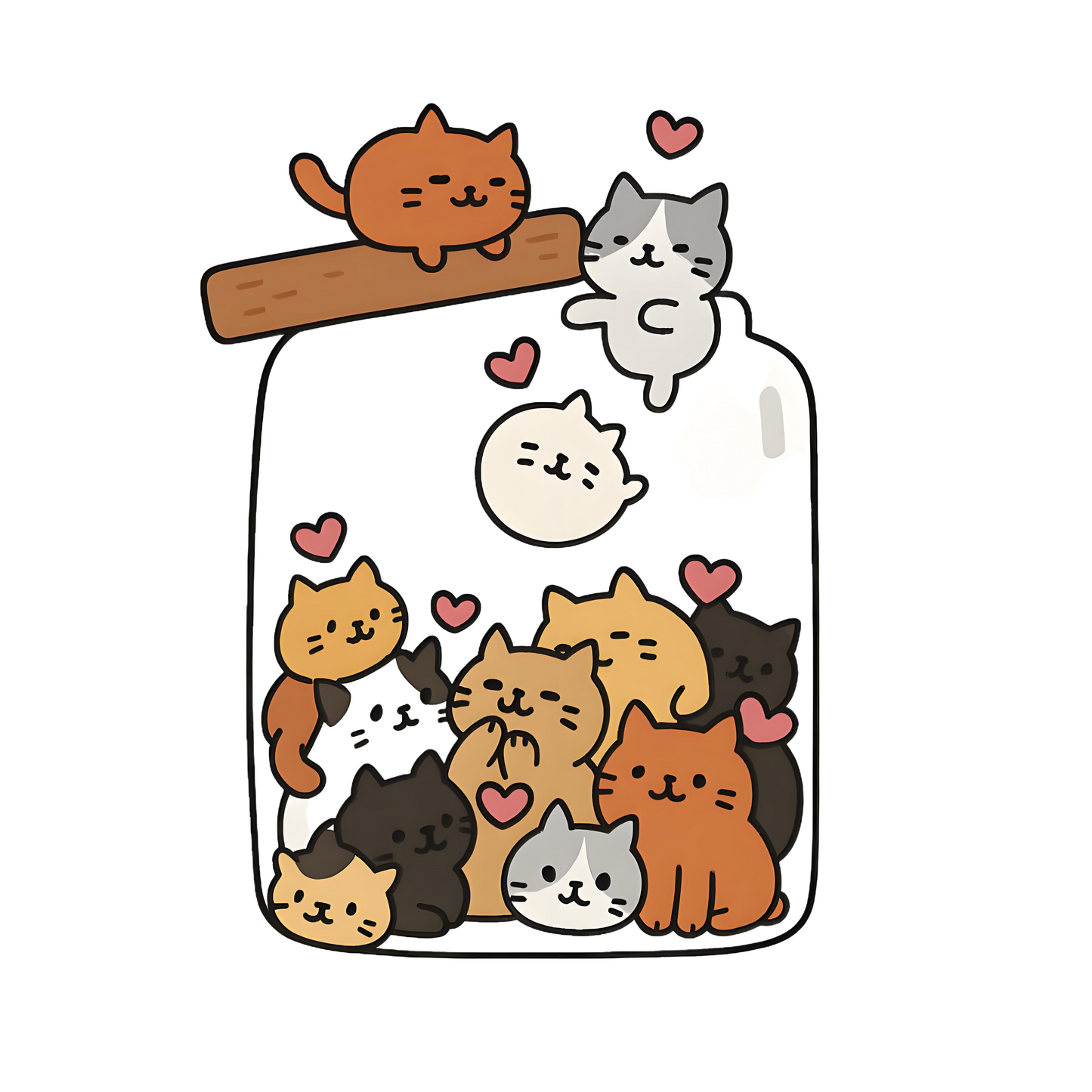 DTF Heat Transfer sticker: "Heartwarming Feline Harmony" – cute pastel cats, jar, pink hearts. Easy to apply