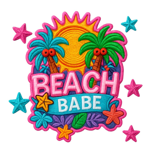 DTF Heat Transfer Iron On Sticker, Beach Babe Design with Palm Trees and Sea Stars, Colorful Summer-Themed Decorative Stickers for Clothes, Shoes and Accessories, Washable and Long-Lasting Adhesive Decals
