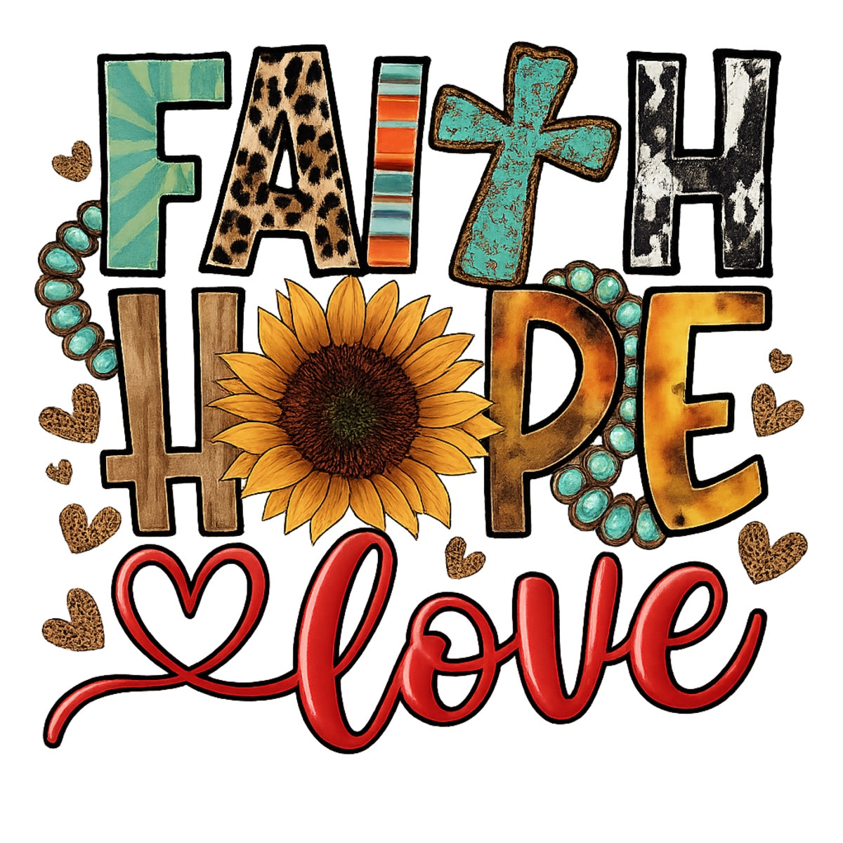 DTF Heat Transfer Iron On Sticker, Boho “Faith Hope Love” Graphic, for Spiritual Apparel and Cozy Decor