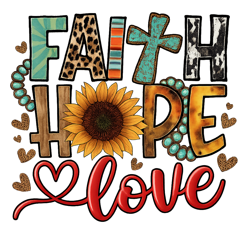 DTF Heat Transfer Iron On Sticker, Boho “Faith Hope Love” Graphic, for Spiritual Apparel and Cozy Decor