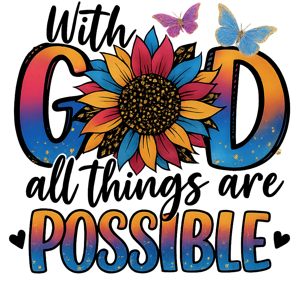 DTF Heat Transfer Iron On Sticker, Inspirational “With God” Sunflower Graphic, for Faith - Based Apparel and Uplifting Decor
