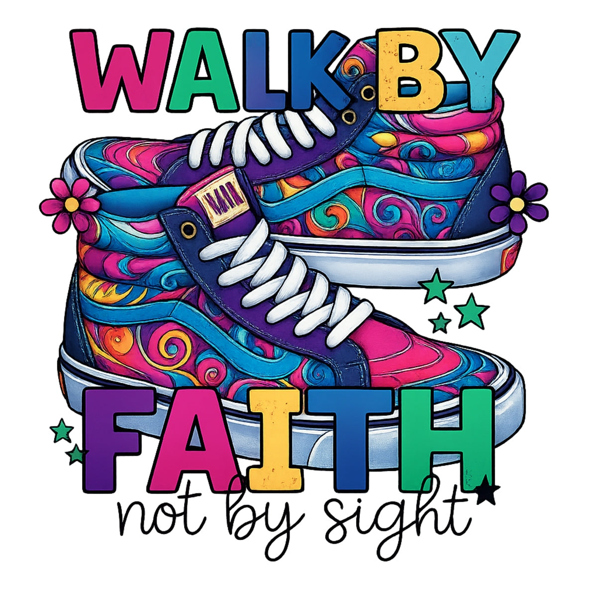 DTF Heat Transfer Iron On Sticker, Groovy Faith - Inspired Sneaker Graphic, for Spiritual Apparel and Fun Decor