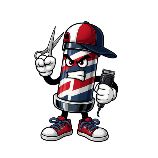 DTF Heat Transfer Iron On Sticker, Barber Pole Cartoon Character Graphic, for Barber Shop Apparel and Hairdresser Merch