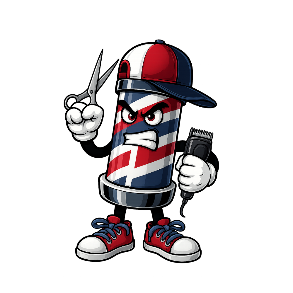 DTF Heat Transfer Iron On Sticker, Barber Pole Cartoon Character Graphic, for Barber Shop Apparel and Hairdresser Merch