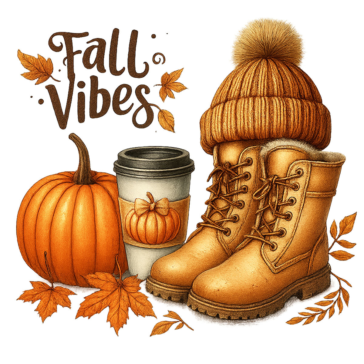DTF Heat Transfer Iron On Sticker, Fall Vibes with Pumpkin, Boots & Coffee Design, for Autumn, Themed Apparel & Seasonal Decor