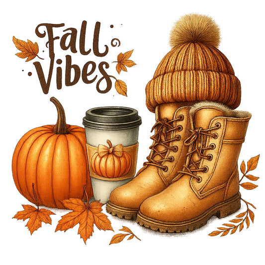 DTF Heat Transfer Iron On Sticker, Fall Vibes with Pumpkin, Boots & Coffee Design, for Autumn, Themed Apparel & Seasonal Decor