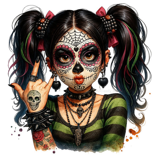 DTF Heat Transfer Iron On Sticker, Halloween Themed Stylish Sugar Skull Girl Elements, For Spooky Season Edgy Apparel and Halloween Party Decor