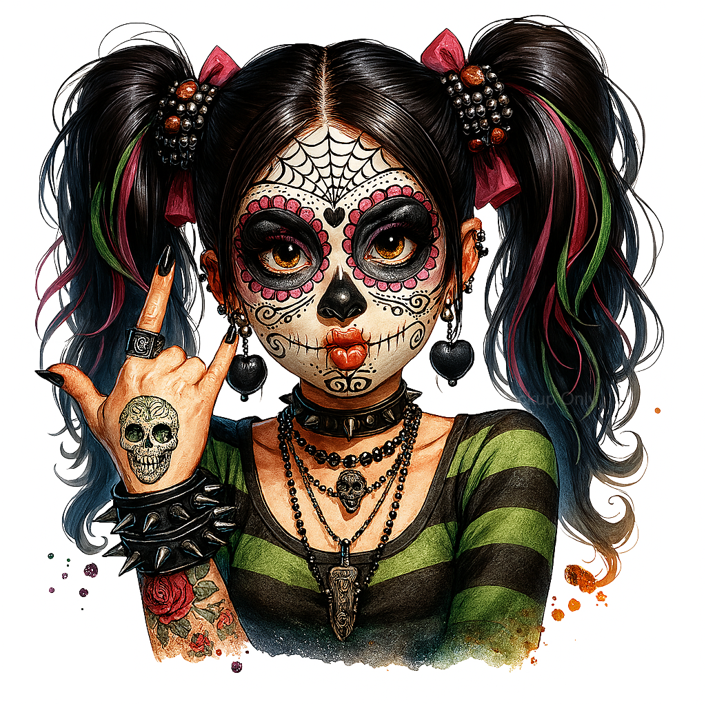 DTF Heat Transfer Iron On Sticker, Halloween Themed Stylish Sugar Skull Girl Elements, For Spooky Season Edgy Apparel and Halloween Party Decor