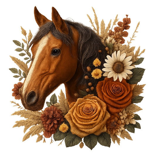 Realistic Horse DTF Transfer , Autumn Floral Western Iron On Decal for T-Shirts, Hoodies, Tote Bags , DIY Heat Press Animal Print for Country Cowboy Style
