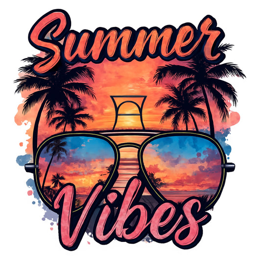 Summer Vibes DTF Transfer for T-Shirts,Trendy Heat Press Iron-On Patch,Retro Beach Sunglasses Palm Tree Sunset Design,DIY Summer Shirt Decoration for Sublimation, Apparel & Crafts