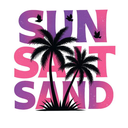 Sun Salt Sand DTF Transfer , Summer Beach Vibes Heat Press Decal, Palm Tree Retro Graphic Iron On Patch for T-Shirts, Hoodies, Bags ,  DIY Sublimation Ready,  Vibrant Tropical Sunset Design