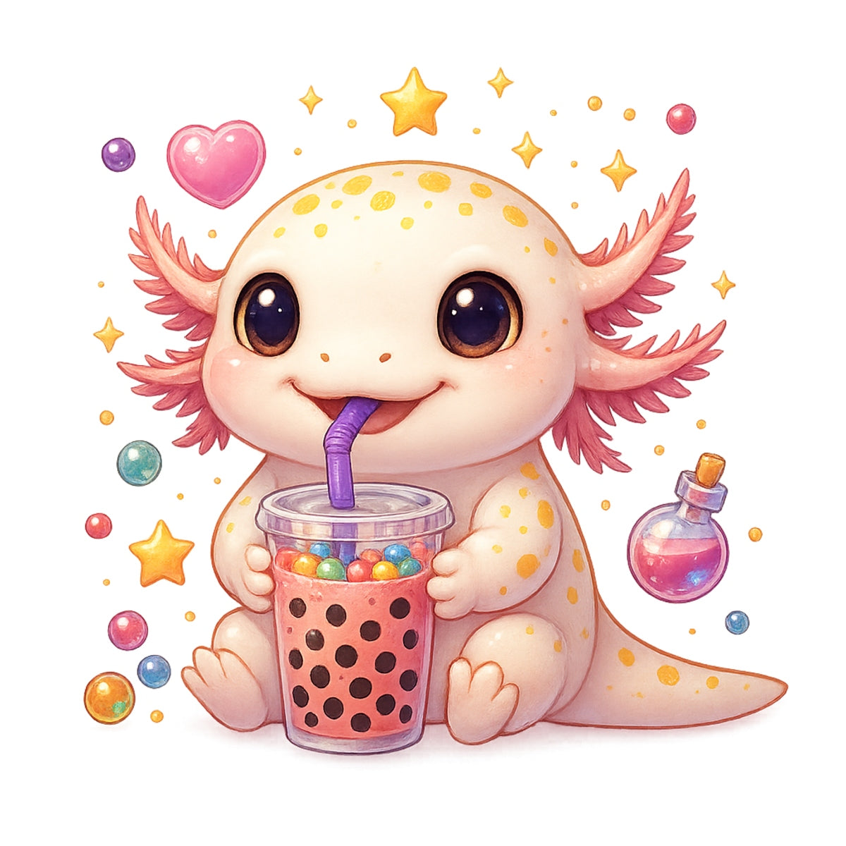 Cute Axolotl Boba Tea DTF Transfer, Kawaii Bubble Tea Iron-On Patch for T-Shirts, Hoodies, Totes,Heat Press Vinyl for DIY Clothing | Anime Style Animal Sticker Decal