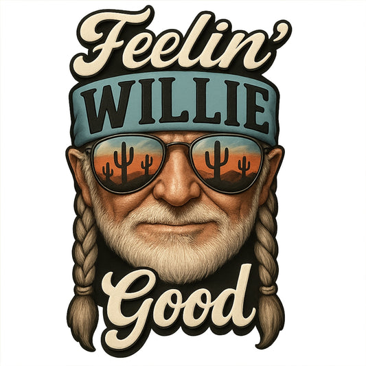 DTF Heat Transfer Iron On Sticker,Willie Nelson Portrait with Desert Sunset Cactus Reflection & "Feelin' Good" Country Lyrics,Vintage Western Music Merch for T-Shirts, Hoodies, Tote Bags