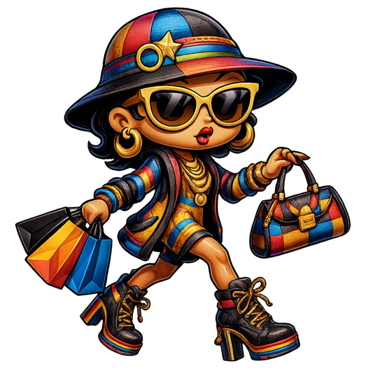 DTF Heat Transfer Iron On Sticker, Cartoon Lady with Striped Jacket & Gold Star Hat, Rainbow High-Heel Boots & Shopping Bags Design, Bold Fashion Decal for Clothing, Tote Bags