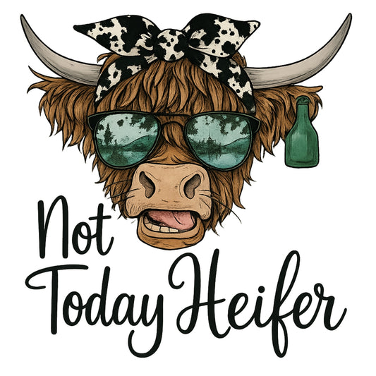 DTF Heat Transfer Iron On Sticker , Highland Cow with Green Sunglasses and Bandana , "Not Today Heifer" Western Style Decal for Clothing, Tote Bags